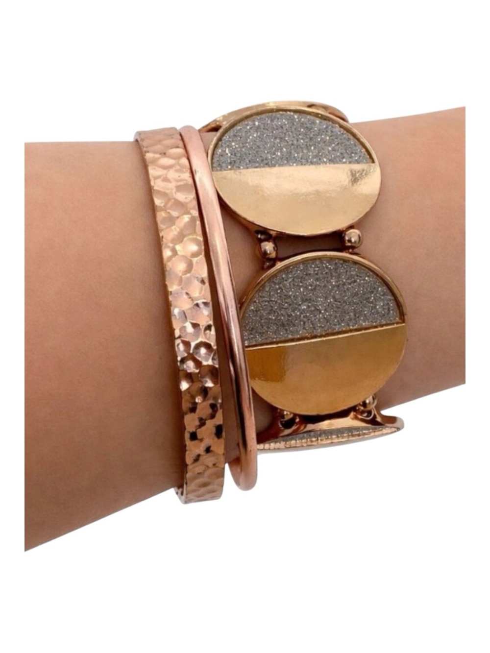 Rose Gold & Glitter Bangle Bracelet Set With Hammered & Oval Details western boh